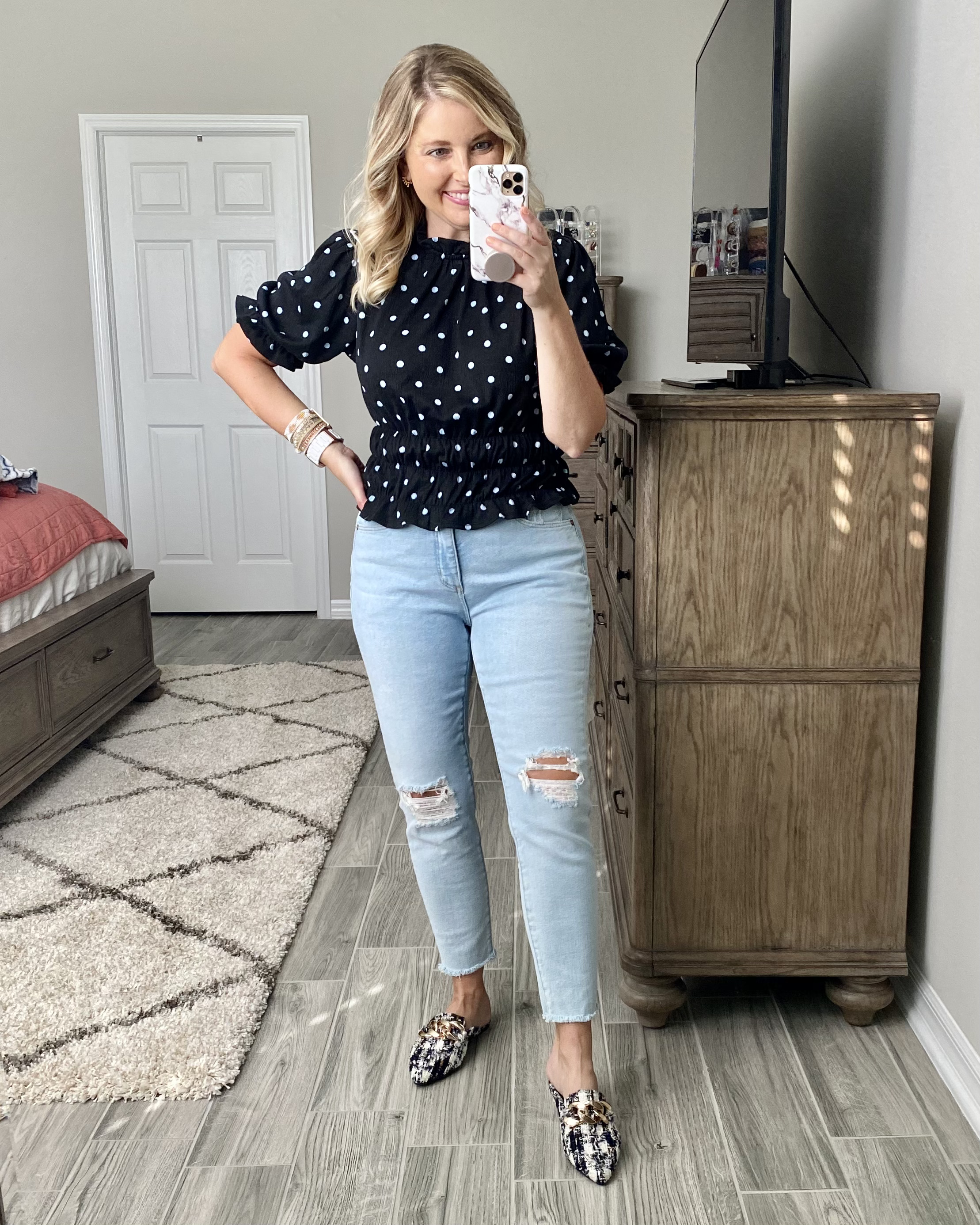 Who What Wear polka dot top, LOFT jeans, Steve Madden mules