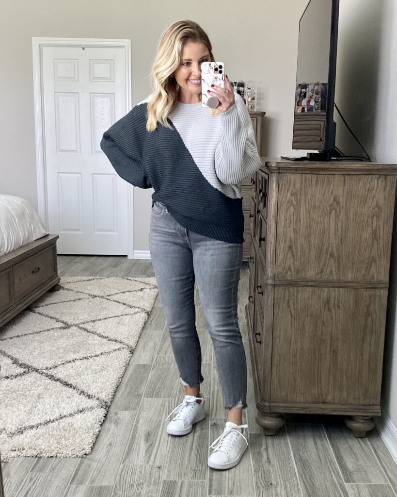 Express ribbed colorblock sweater, Express gray mid-rise jeans, Adidas sneakers