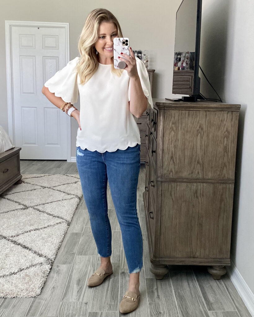 Express scalloped top, Express mid-rise jeans