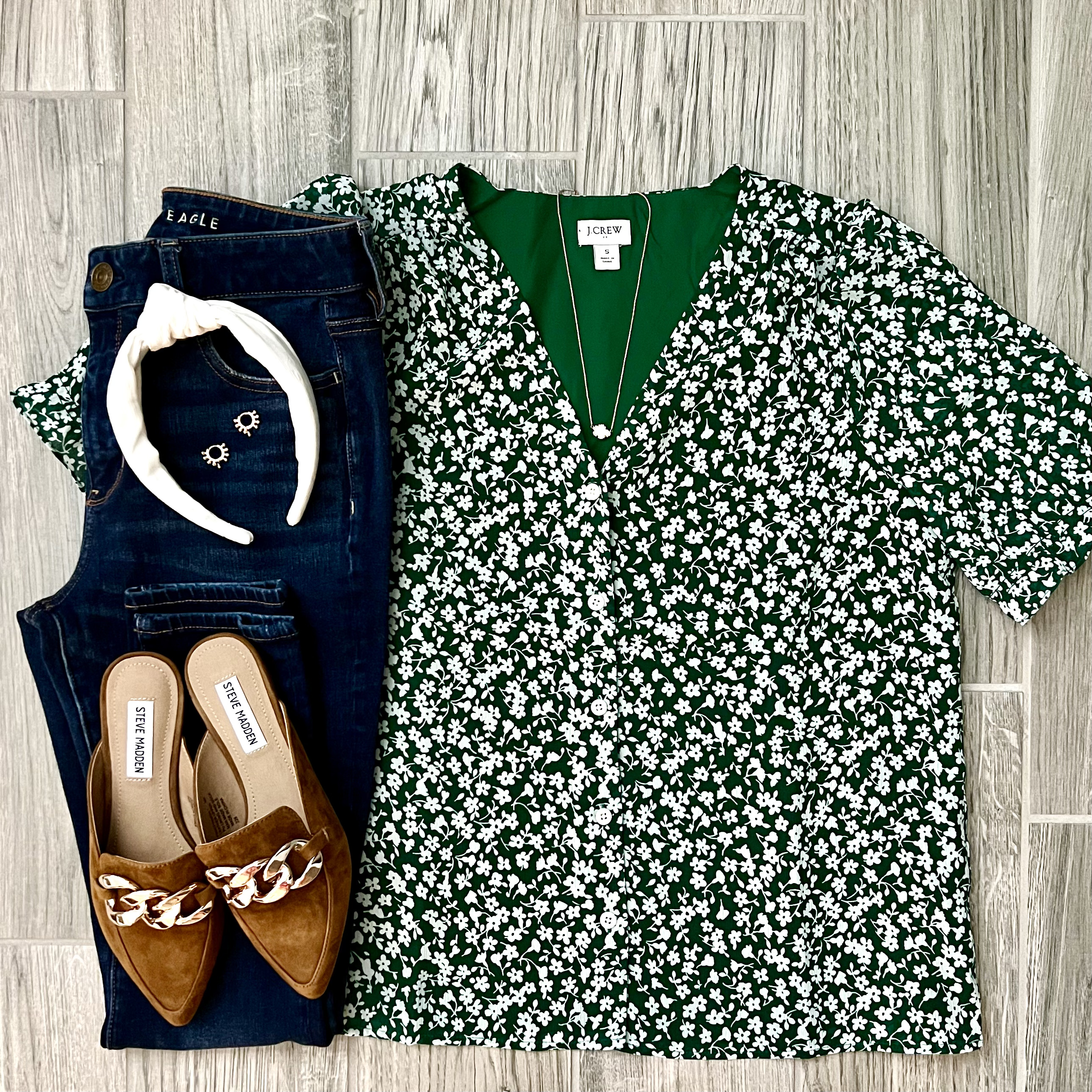 j.crew factory floral top; Steve Madden mules