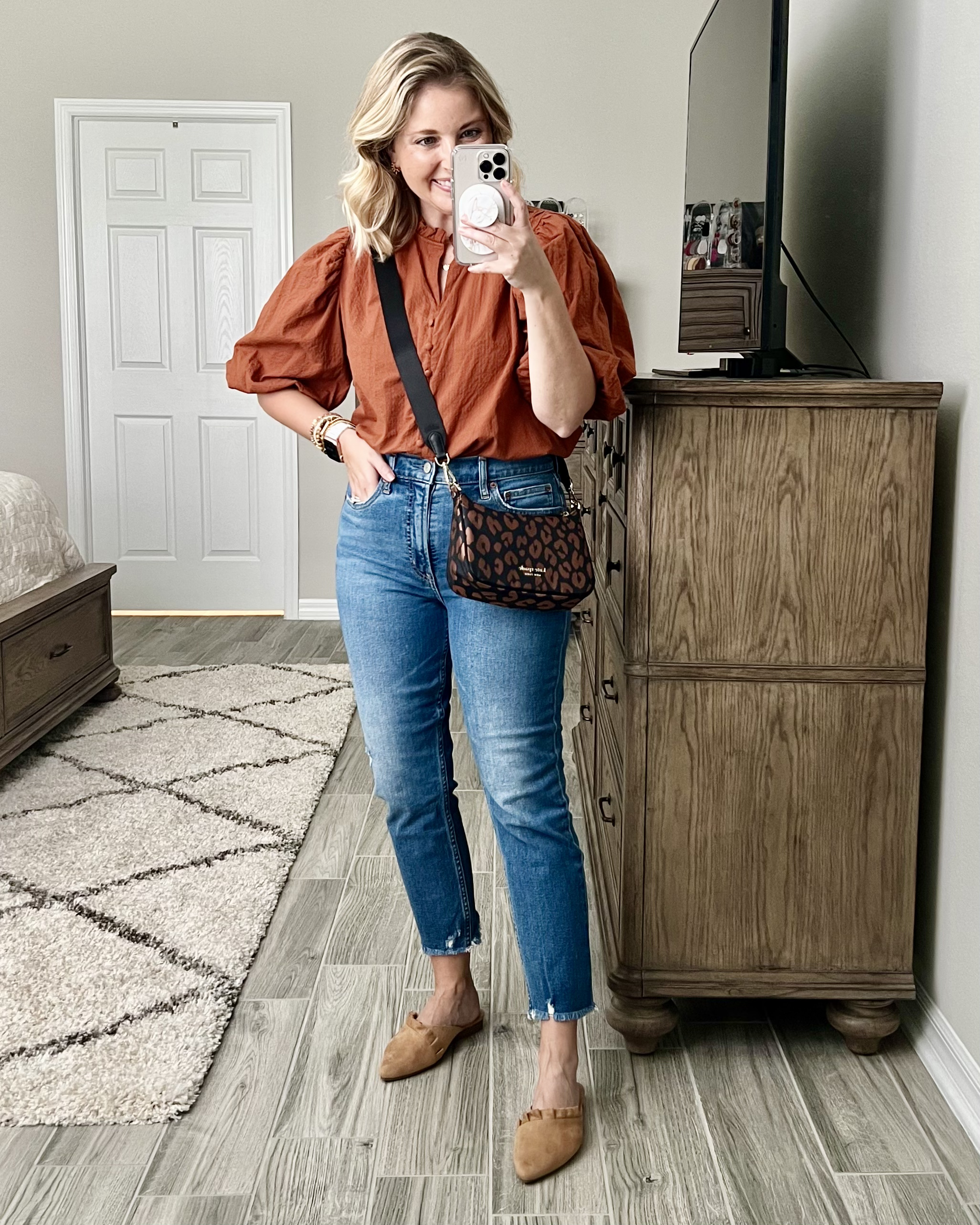 a new day puff sleeve blouse, GAP vintage slim jeans, Universal Thread ruffled mules, Kate Spade leopard crossbody bag