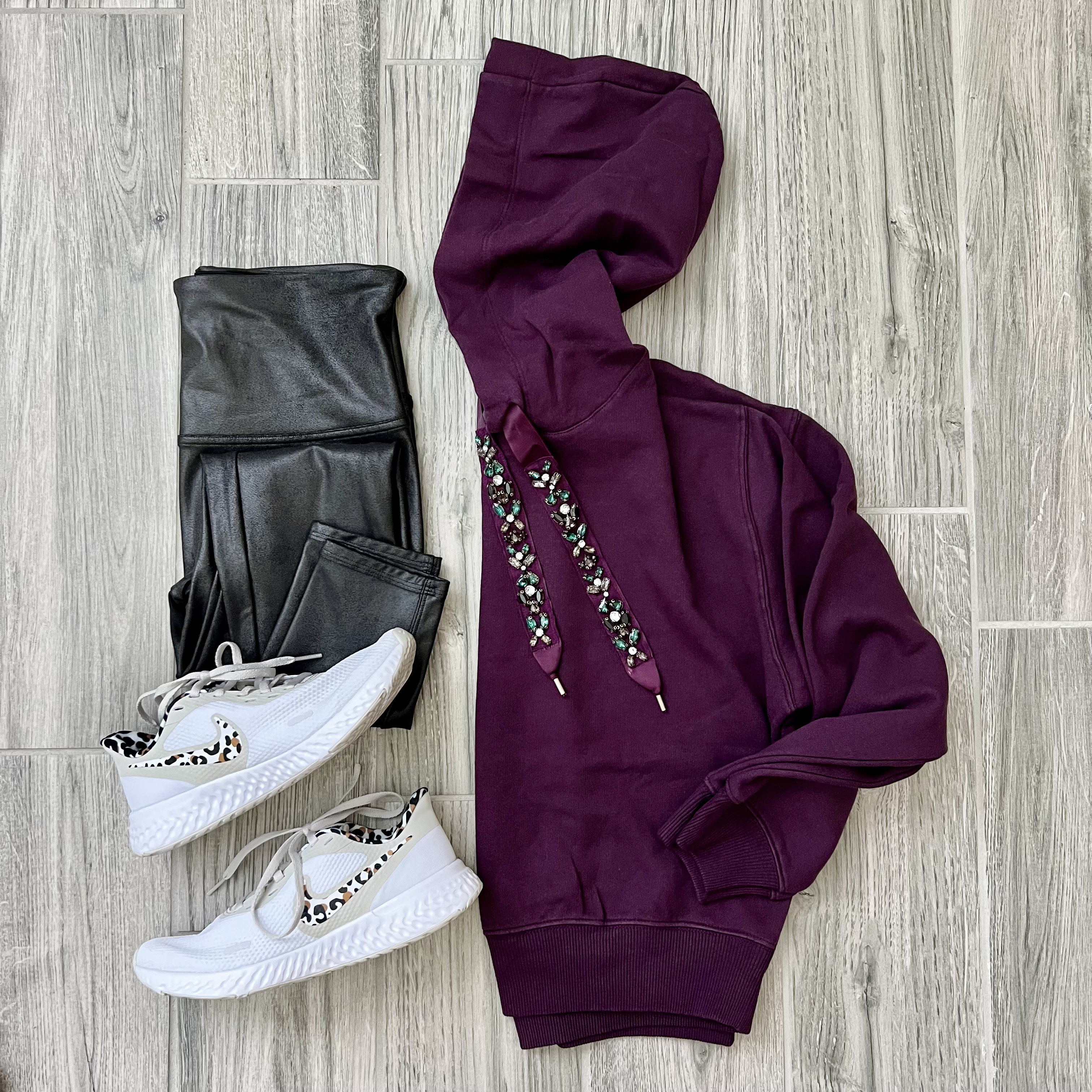 Express embellished hoodie, Nike leopard sneakers, Spanx leggings