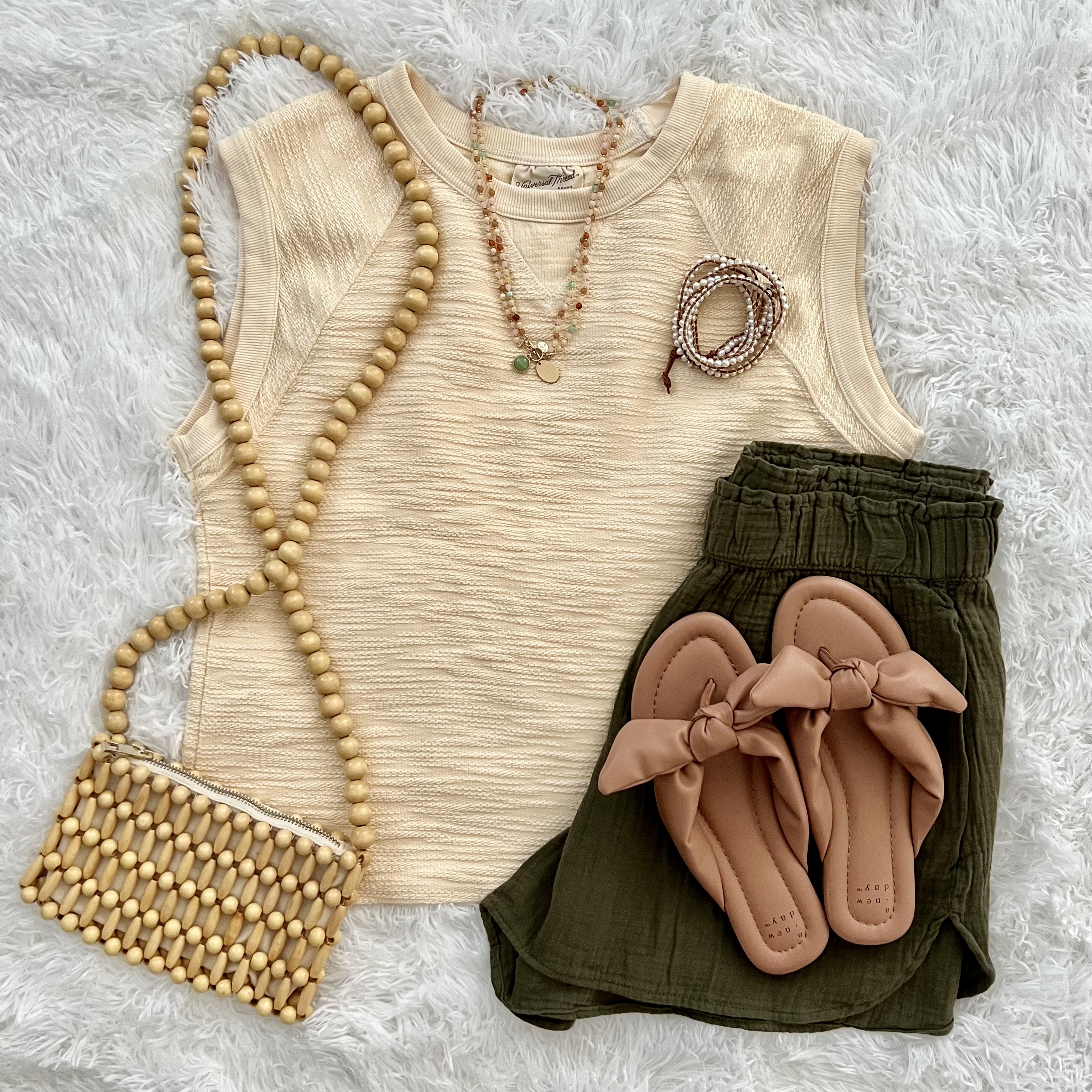 Universal Thread sweater, Universal Thread gauze shorts, A New day woven crossbody bag, A New Day bow sandals