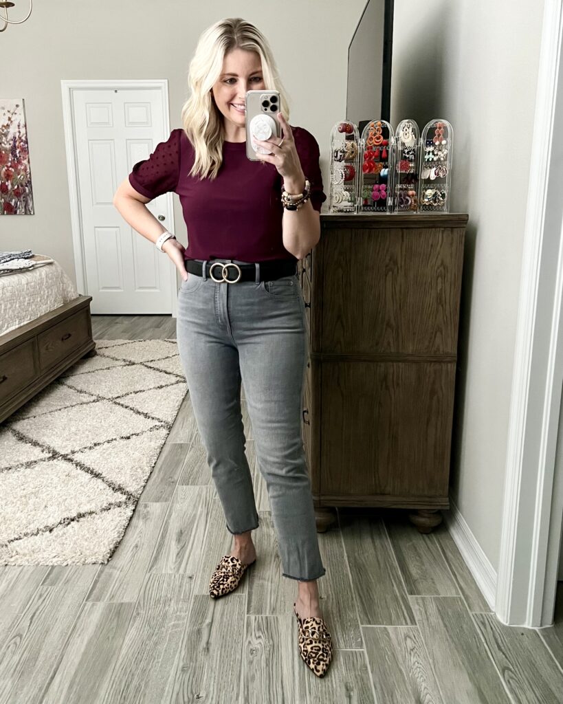 Cece top, GAP jeans, leopard mules