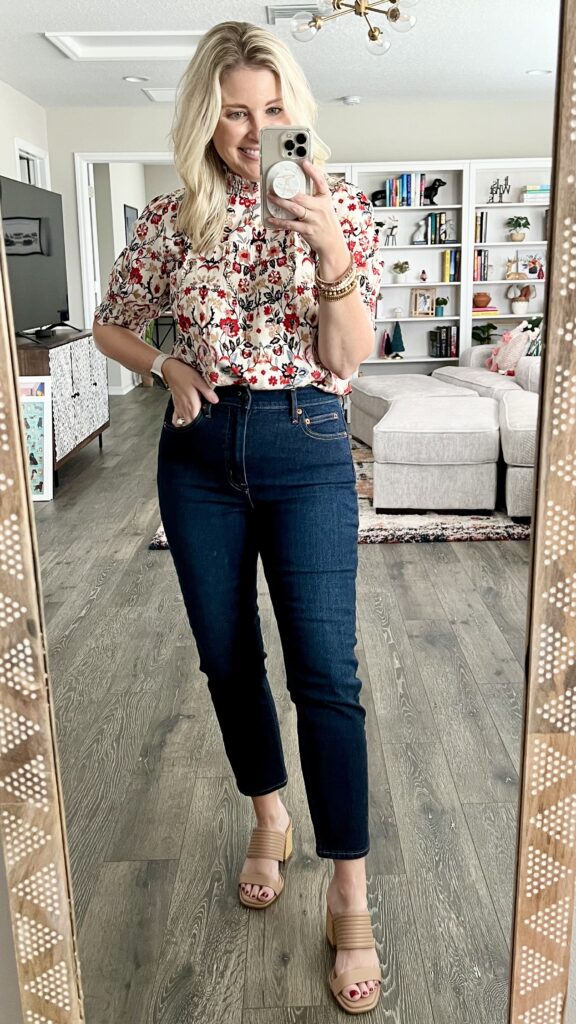 LOFT mock neck floral top, GAP jeans, Caslon sandals