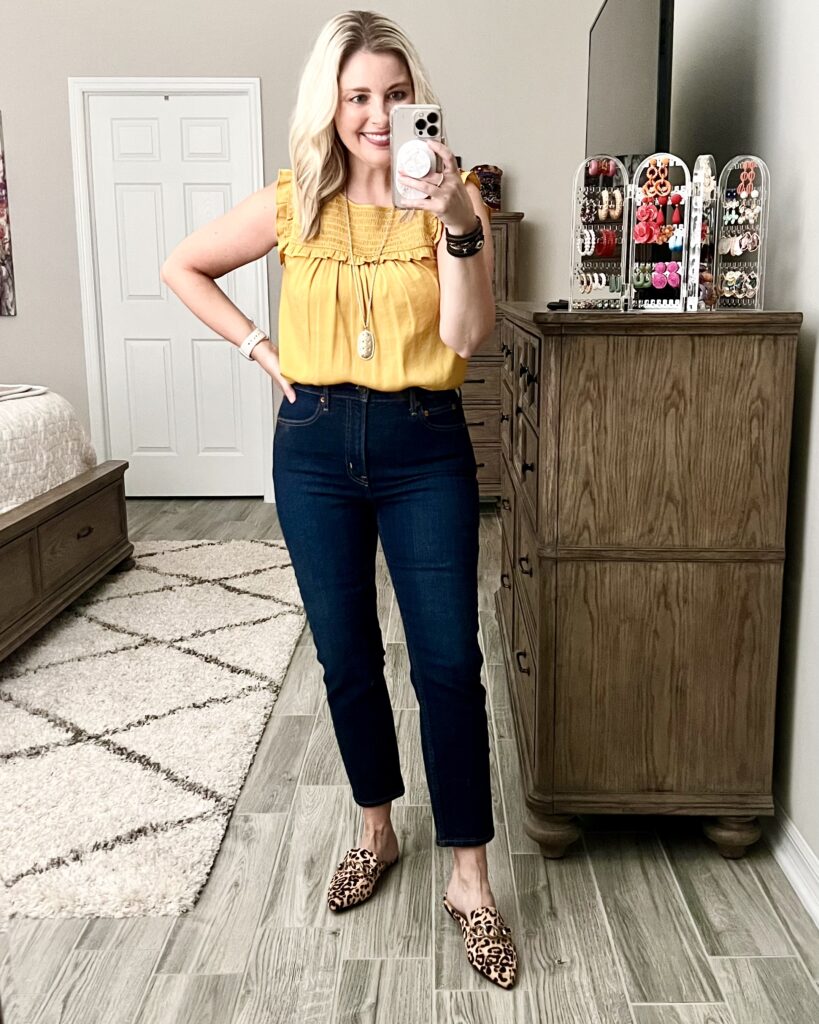 LOFT smocked top, GAP vintage straight jeans, leopard mules