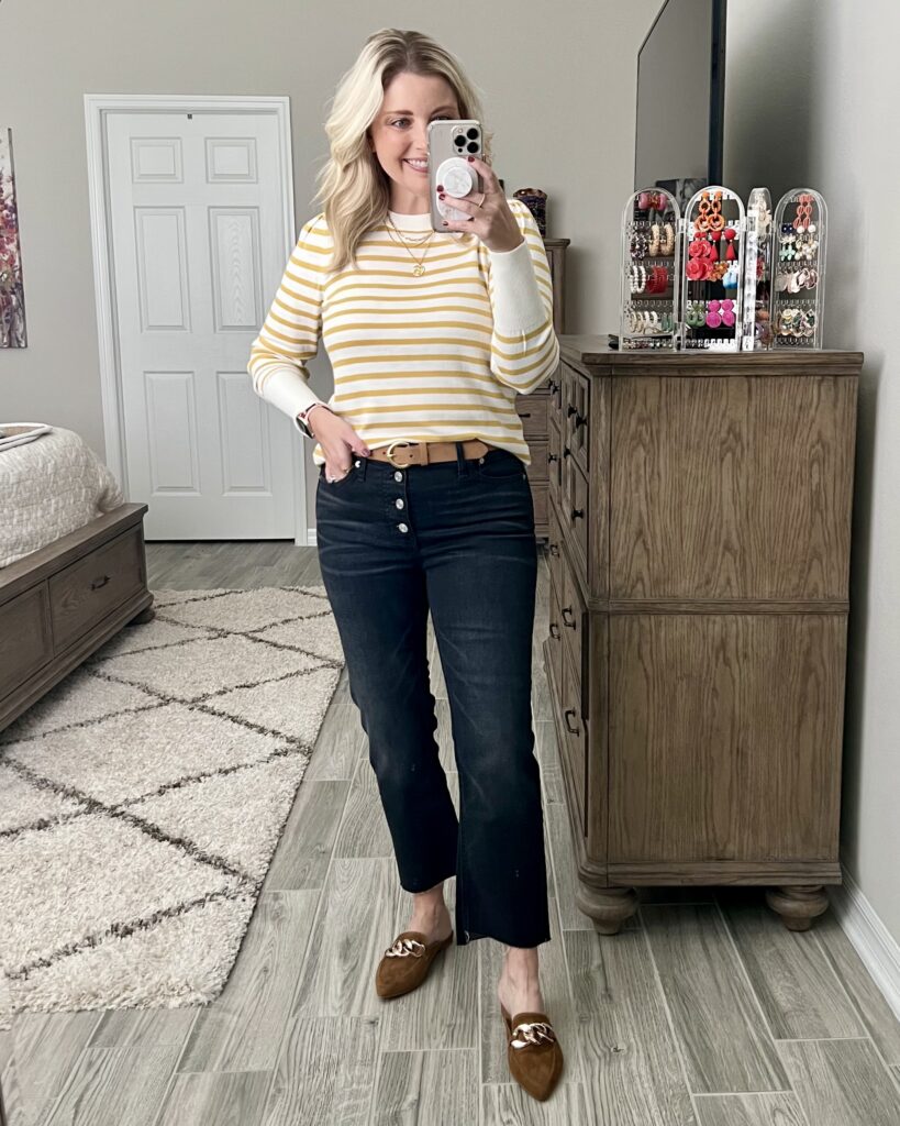 LOFT striped sweater, J.Crew Demi boot crop jeans, Steve Madden mules