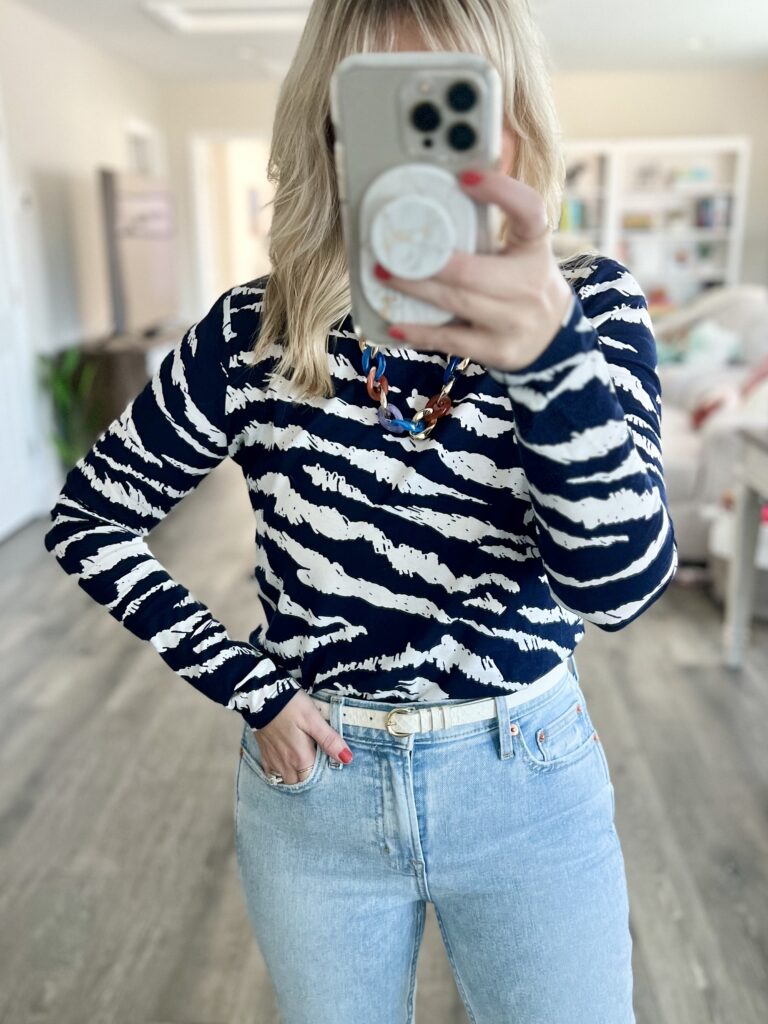 LOFT zebra long sleeve tee, GAP jeans, Sam Edelman sandals