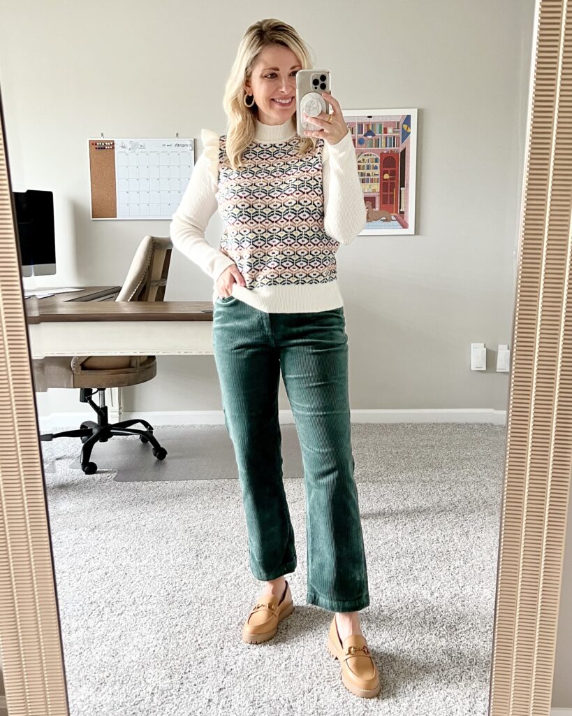 LOFT sweater, LOFT corduroy pants, Target loafers